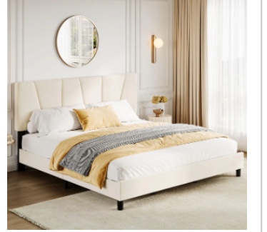  GARVEE King Size Bed Frame with Adjustable Headboard, Velvet Upholstered Tufted King Platform Bedframe with Strong Wooden Slats, Mattress Foundation, No Box Spring Needed,Easy Assembly,Beige/Cream