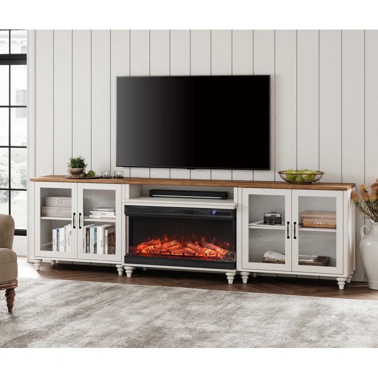 (incomplete fireplace only) TV Stand With 36" Electric Fireplace For Tvs Up To 100'', Home Entertainment Center With 4 Glass Doors For 75/80/85/90 Inch TV, Oak