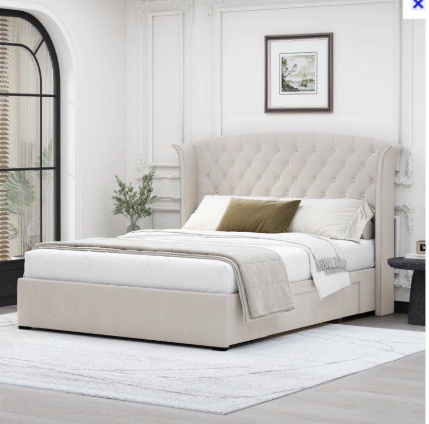 Tanikia Luxurious Upholstered Wingback Storage Platform Bed with 60 inch High Headboard, Premium Velvet, Dual Storage Drawers, and Sprung Slats Size: King, Color: Cream
