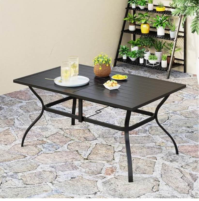  PHI VILLA Outdoor Patio Dining Table, 60 Inches Large Rectangle Dining Table for 6-8 Person with Umbrella Hole, Classic Black