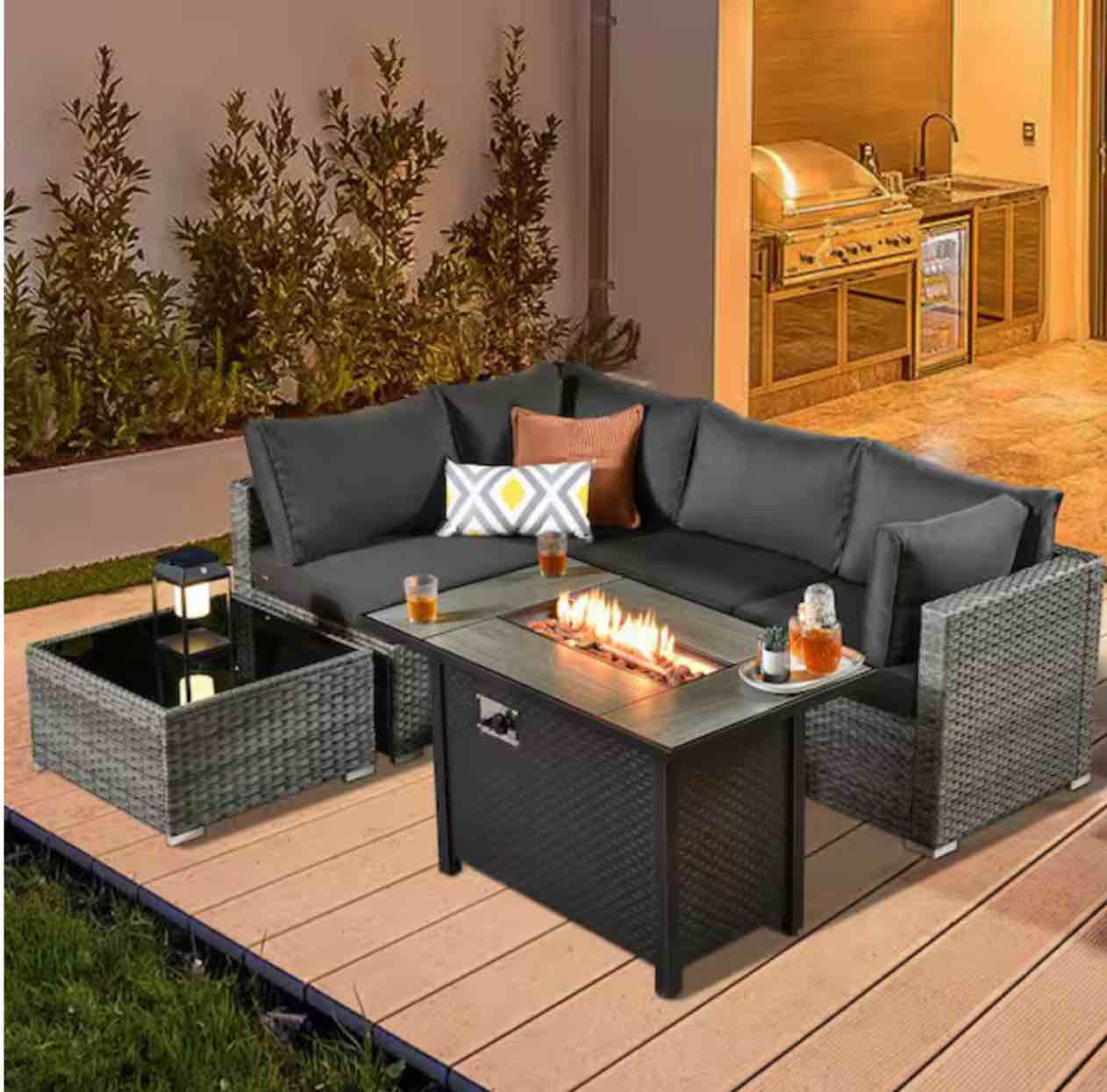 (incomplete 2 pieces only) Daffodil J Gray 6-Piece Wicker Patio Outdoor Conversation Sofa Set with Gas Fire Pit and Black Cushions