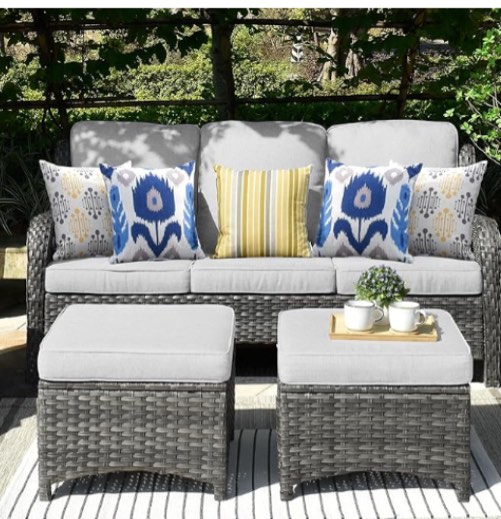 (similar to stock photo)ovios 3-Pieces Patio Furniture Set, Outdoor Wicker Sofa with 2 Ottomans, High Back Couch with Footrests, Comfy Cushions for Porch Deck, Grey Rattan, Grey