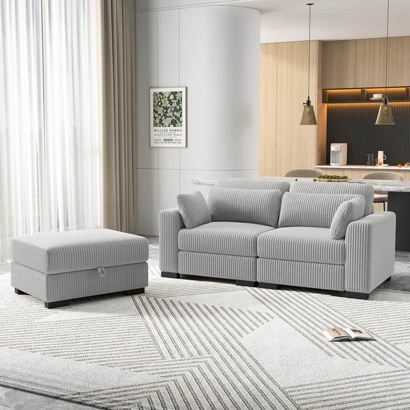 (incomplete box 1 of 3 ) (different color to stock photo)3-Piece 74" L-Shaped Reversible Upholstery Sectional Sofa With A Movable Storage Ottoman, Corduroy Sofa Collection