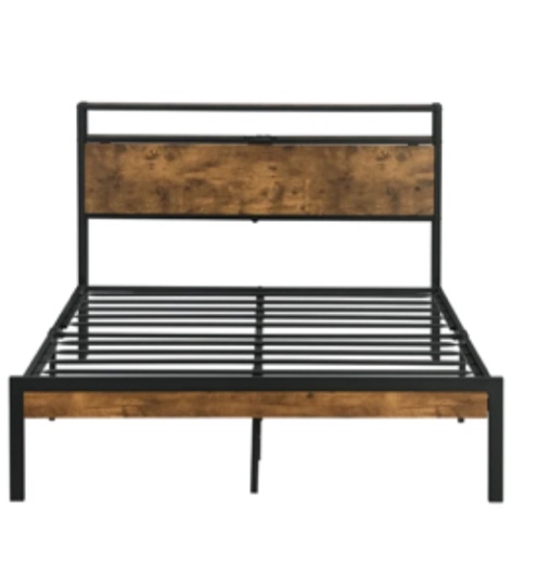 (similar to stock photo) size full Clipeyh Industrial Metal Bed Frame High Profile Wooden Headboard Standard Bed Frame