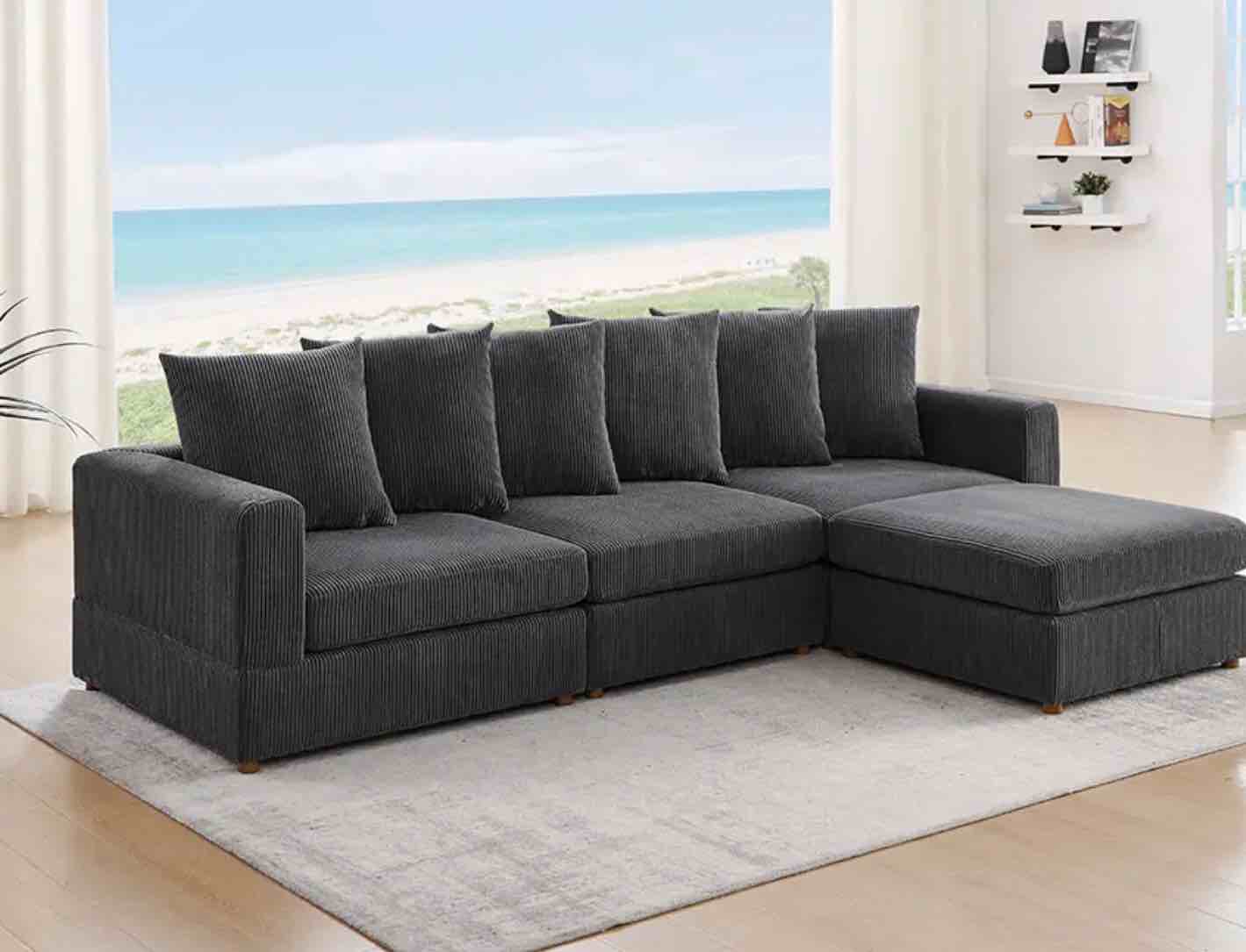 (Only 2 Boxes) 4 Seater Grey Corduroy Modern Couch Modular for Living Room