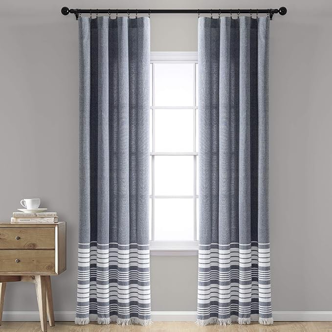Lush Decor Nantucket Yarn Dyed Cotton Tassel Fringe Window Curtain Panel Pair, 95" x 40", Navy