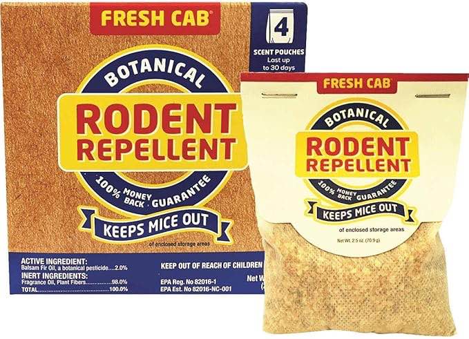 EarthKind EMW7208598 ((EXP; 12/2028)) Fresh Cab Rodent, Rats and Mice Repellent With Blend Of Plant Fiber and Botanical Extracts For Use On The Farm, Industrial Settings, Garage or RV, 2.5 Ounce x 4 Scent Pouches