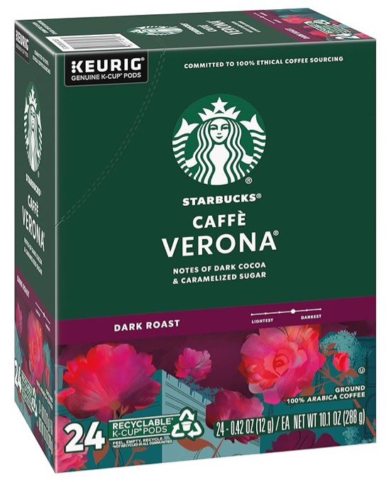 ((BB; 16/APR/ 2025)) Starbucks K-Cup Coffee Pods, Dark Roast Coffee, Caffè Verona For Keurig Coffee Makers, 100% Arabica, 1 Box (24 Pods)