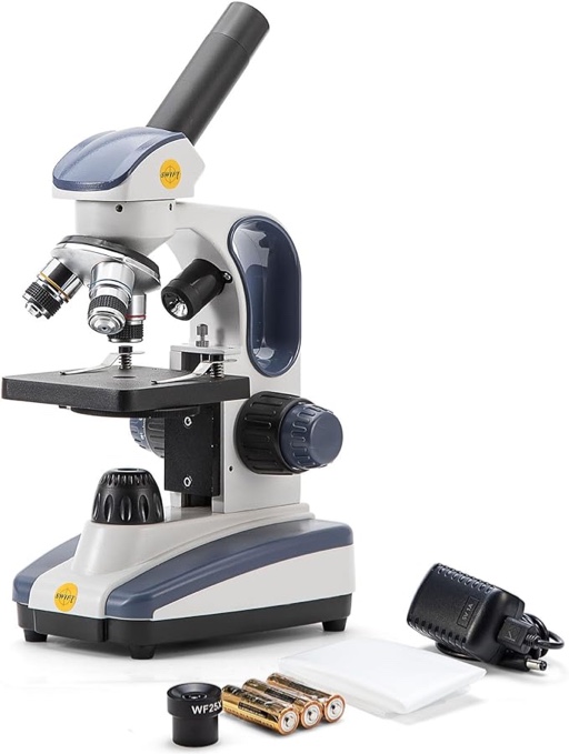 AmScope M150C-I 40X-1000X All-Metal Optical Glass Lenses Cordless LED Student Biological Compound Microscope, Silver, White, Black