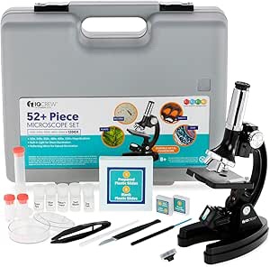 AmScope M30 Series 52-Piece STEM Microscope Kit for Kids - Monocular, Portable Compound Microscope for Kids - Includes Petri Dish, Slides & More - Black