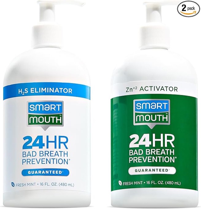 SmartMouth 2-Bottle Activated Mouthwash System with Pumps ((EXP; 03/2027))- Adult Mouthwash for Bad Breath - Twice Daily Oral Care System with Zinc Ion Technology - Fresh Mint Flavor, 32 fl oz (16 oz per Bottle)
