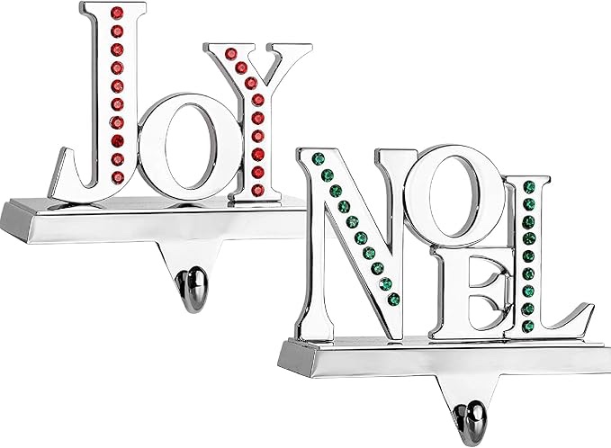 klikel stocking holder set of 2 - joy noel christmas stocking hanger for mantel - shiny silver metal