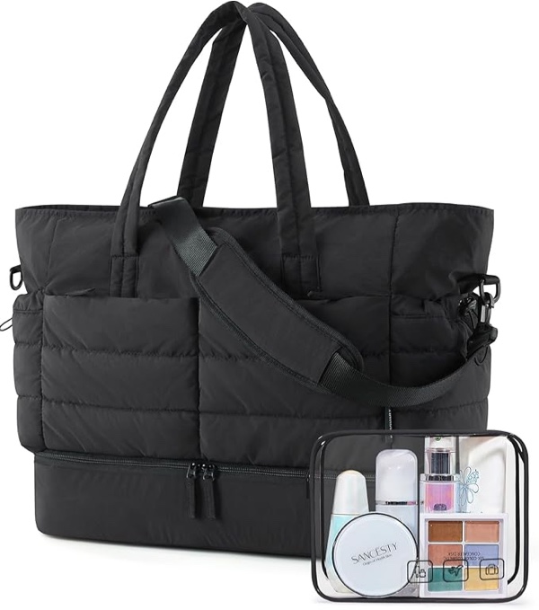 Weekender Bags for Women, Lightweight Puffer Tote Overnight Weekend Carry On Gym Duffle Bag with Shoe Compartment for Travel in BLACK