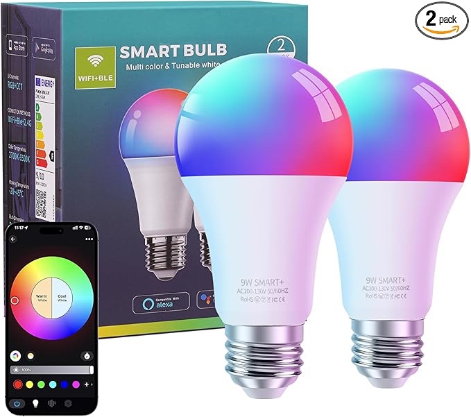 Smart Light Bulbs, 1100 Lumen, 90+CRI WiFi Mesh & Bluetooth Color Changing A19 Light Bulb, 16 Million DIY Colors RGB Light Bulbs, Compatible with Alexa, Google Assistant Home App, 2 Pack