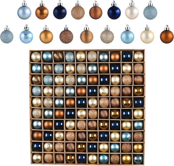 Valery Madelyn 100ct Mini Christmas Ornaments Tree Decorations Set, 1.18 Inches Blue Copper and Gold Shatterproof Christmas Ball Ornaments, Hanging Ornament Bulk for Xmas Holiday Party Decor