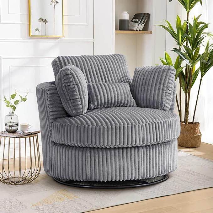 40" W Oversized Swivel Accent Barrel Chair, 360° Rotate Corduroy Upholstered Modern Round Armchair with Pillows, Leisure Comfy Reading Sofa Chair for Living Room, Bedroom, Office Gray