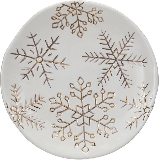 Stoneware Plate With Gold Electroplated Snowflakes(6”x7”)