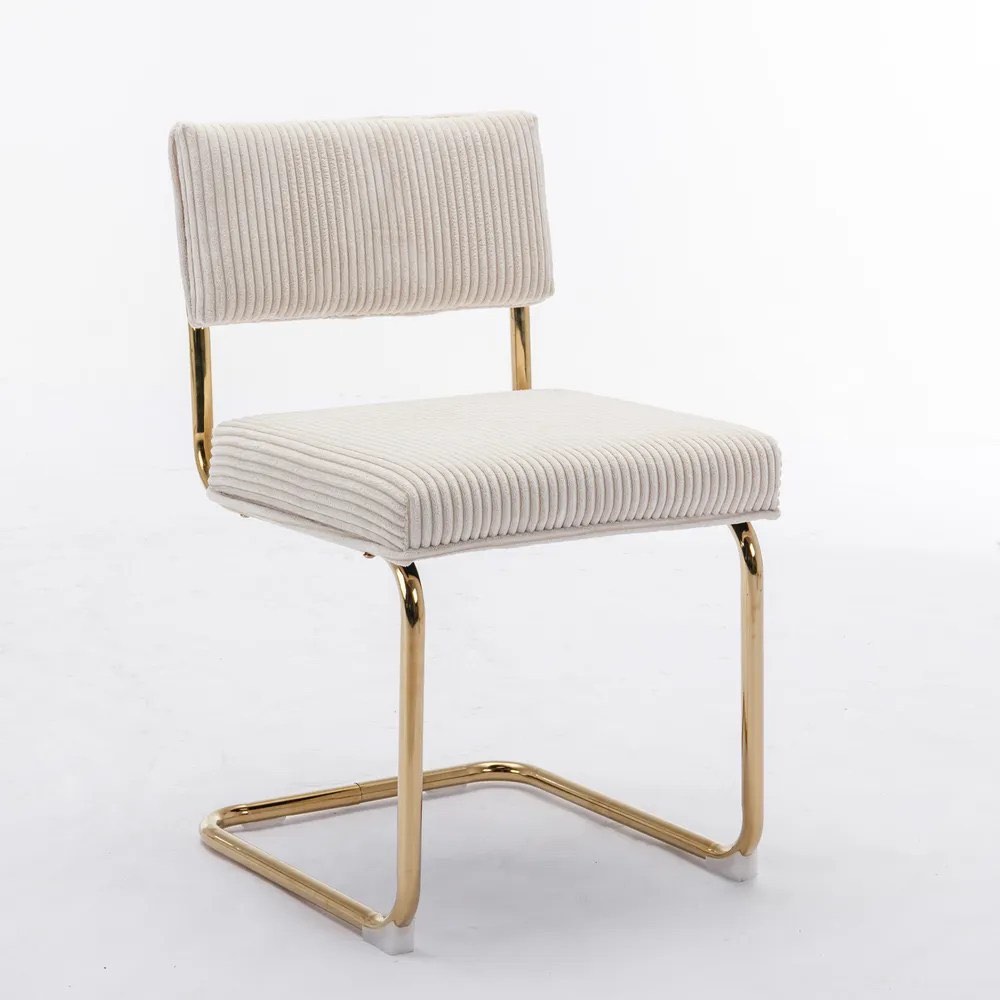 A&A Furniture Modern Dining Chairs with Corduroy Fabric and Gold Metal Base, 2 PCs Beige