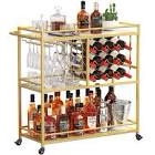 Lifewit Bar Cart for The Home, 3 Tier Drink Cart with Lockable Wheels, 12 Wine Rack and 3 Rows Glass Holders, Liquor Serving Cart for Kitchen Dining Livingroom, 31.6" x 13.1" x 33.9", Rustic Brown Gold