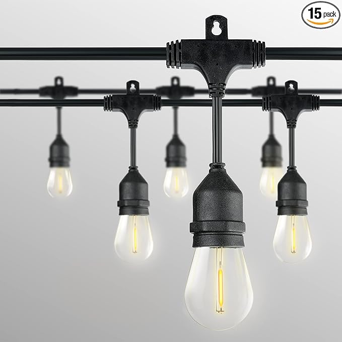 Honeywell 48 FT Outdoor String Lights, Commercial Grade Waterproof LED Patio Lights, 15 Plastic E26 Bulbs, Create Cafe Lighting Ambience in Your Backyard