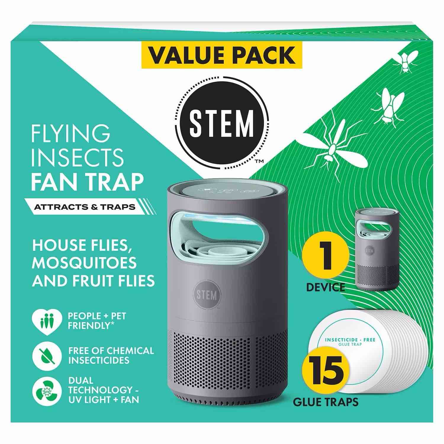 stem flying insect fan trap for indoor bug control, 1 device & 15 glue traps