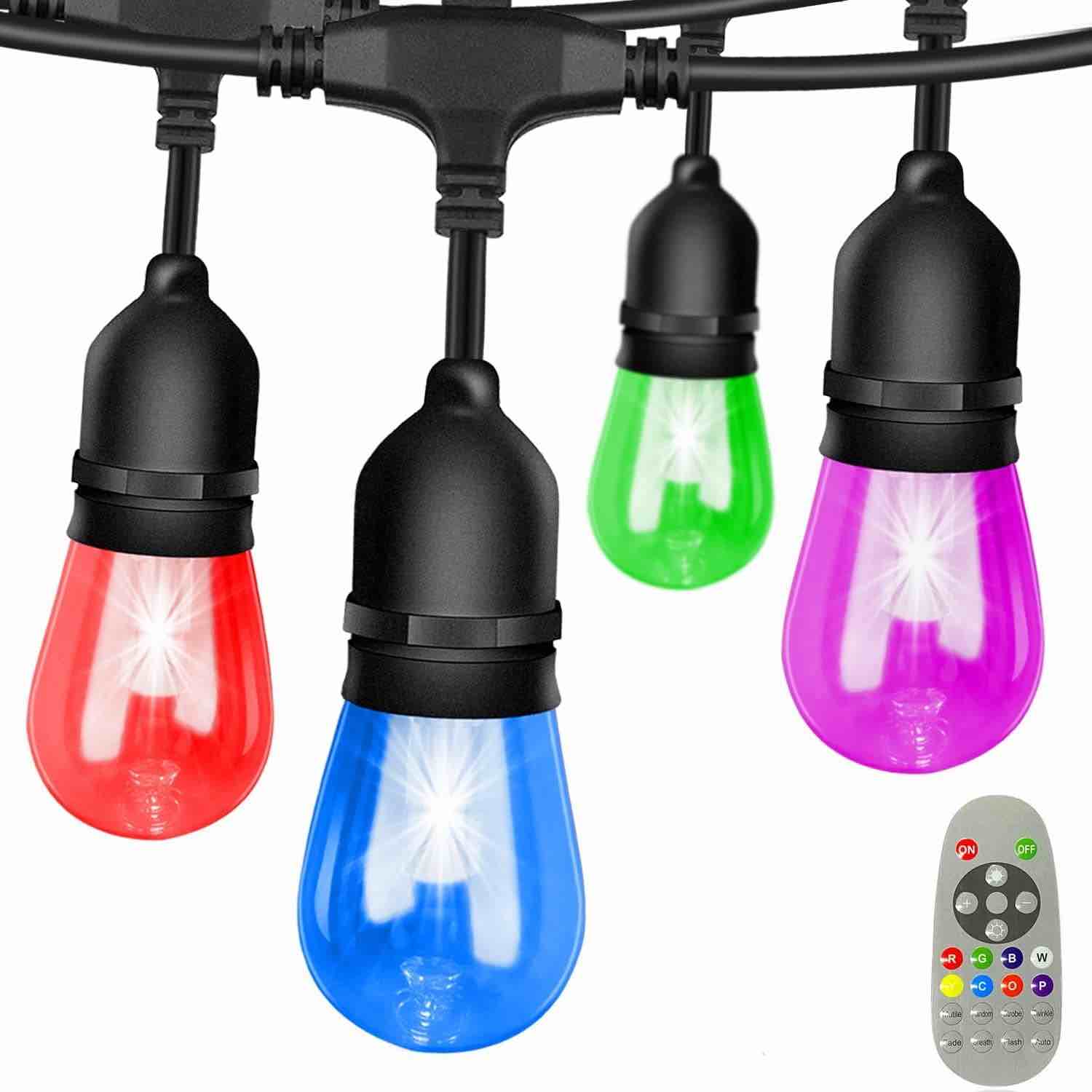 48ft Color Changing Outdoor String Light with Shatterproof LED Bulbs Remote Control Weatherproof for Patio Backyard Garden Party