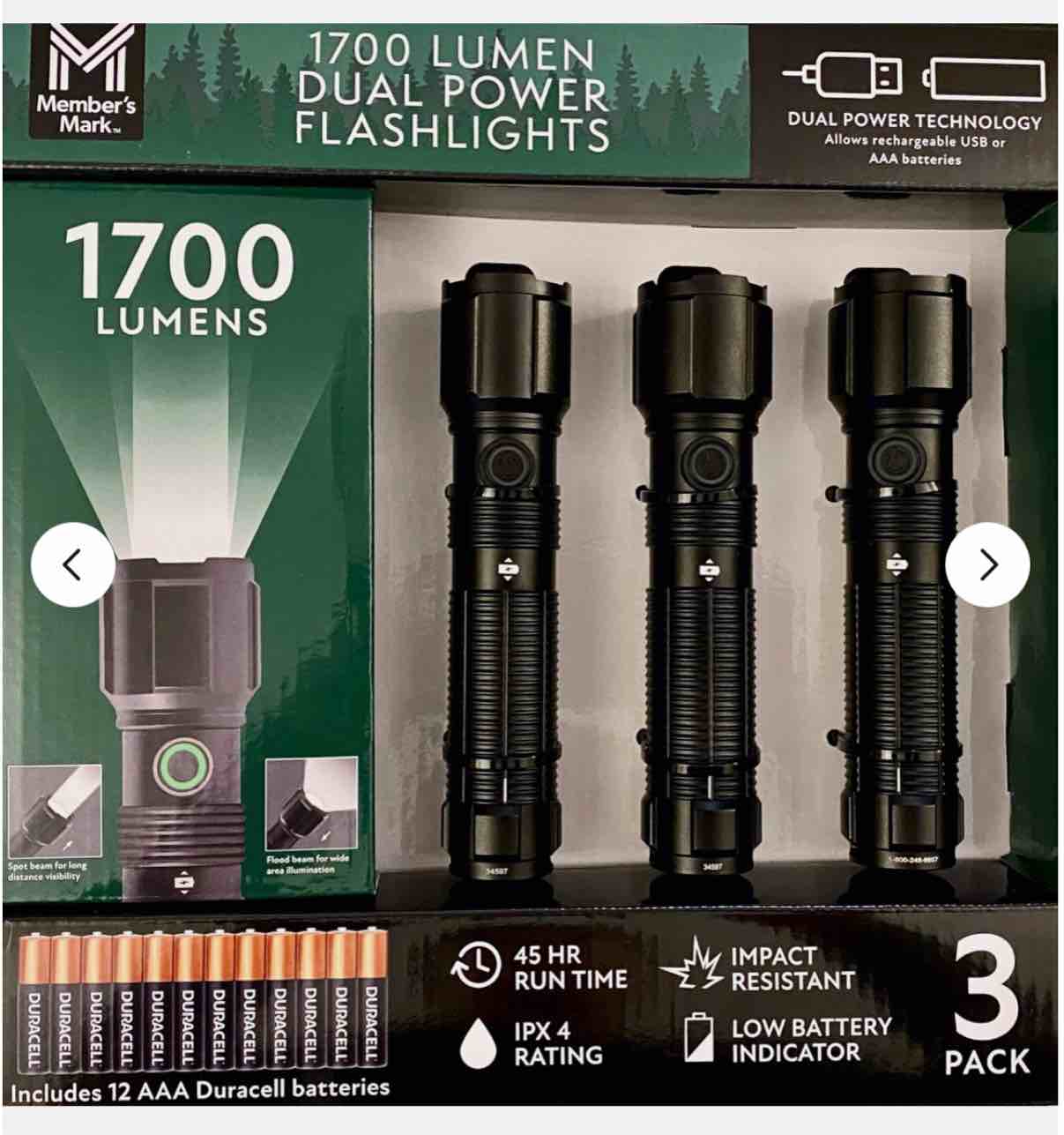 (incomplete 2 pieces only) member’s mark 3pc 1700 lumen dual power led flashlight set - rechargeable & aaa