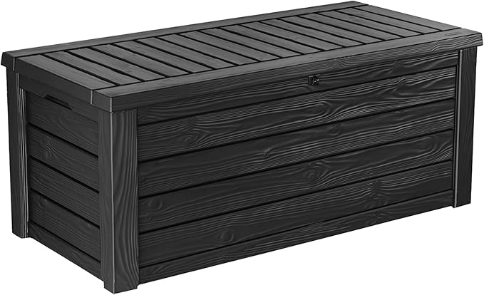 (similar to stock photo)Keter Outdoor Storage Deck Box, for Patio, Backyard & Garden, Westwood, 150 Gal, Dark Grey - Lockable, Organizing, and Waterproof Plastic Container Bench