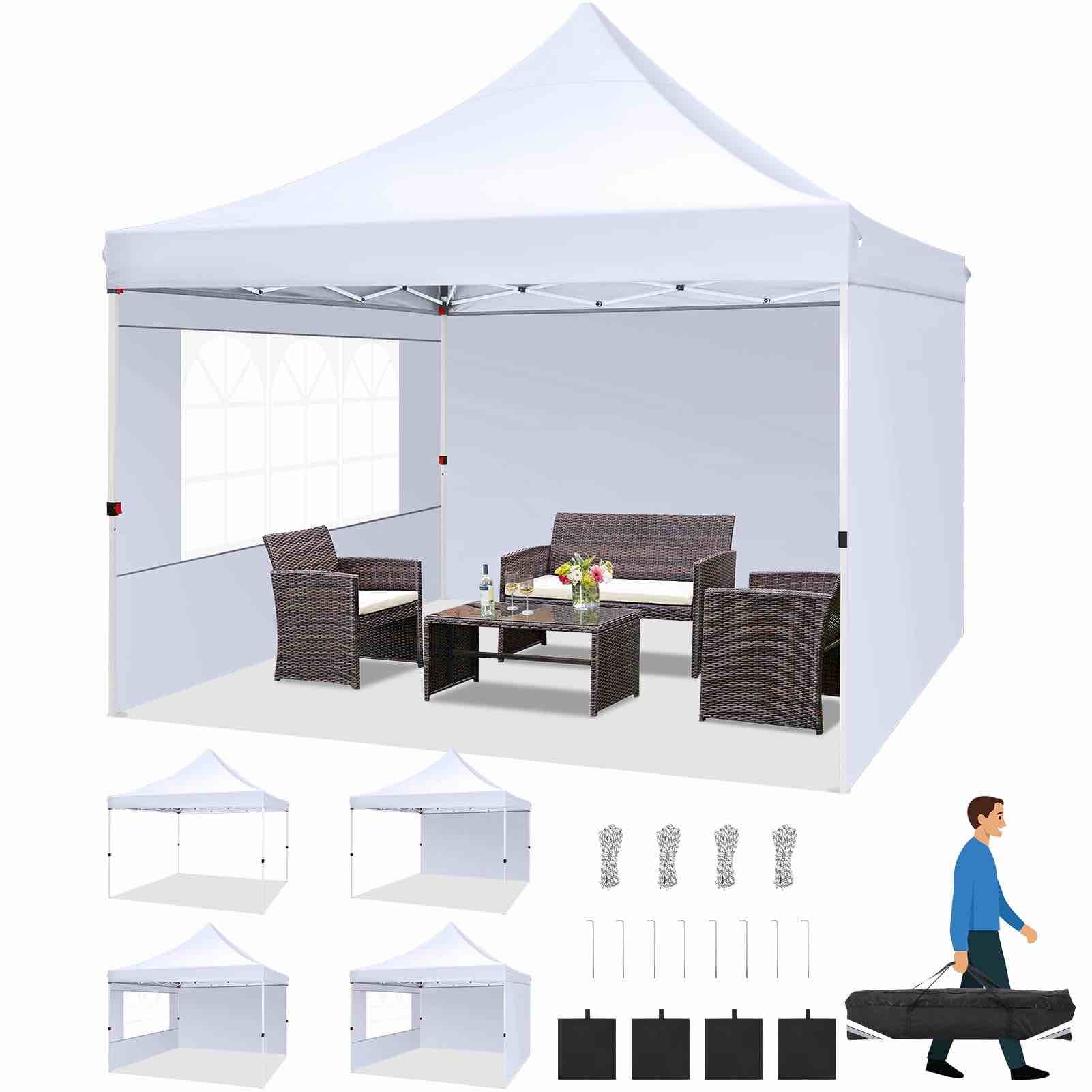 (similar to stock photo) COBIZI 10x10 Pop-Up Canopy Tent with 3 Sidewalls, Ez Waterproof Gazebo, UV 50+ Protection, Commercial Party Tent for Outdoor Events, Camping, and Garden Use, Includes Sandbags,White