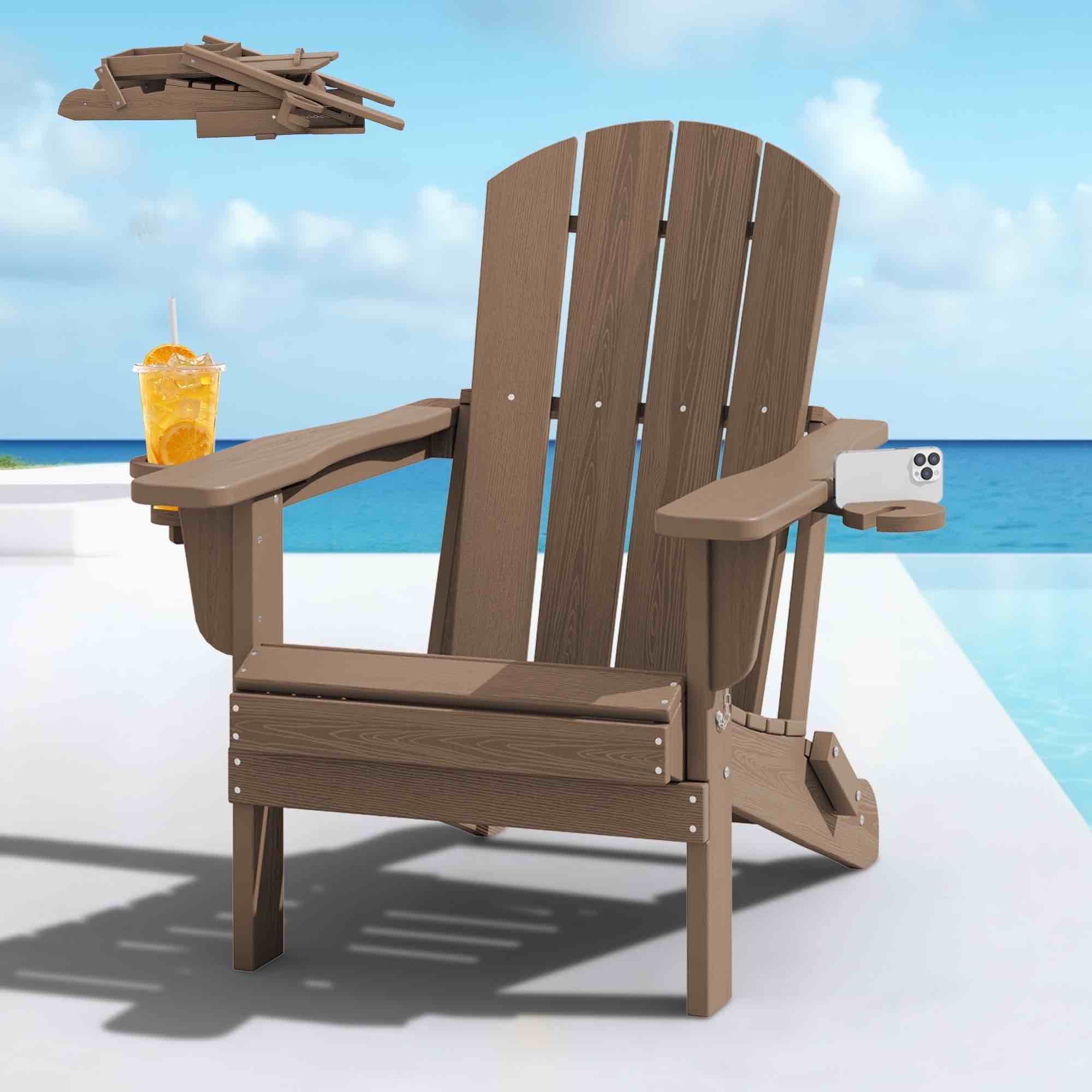  serwall folding adirondack chair set with dual cup holders & phone holder, all-weather hdpe fire pit chairs for outdoor, patio, poolside, garden - brown