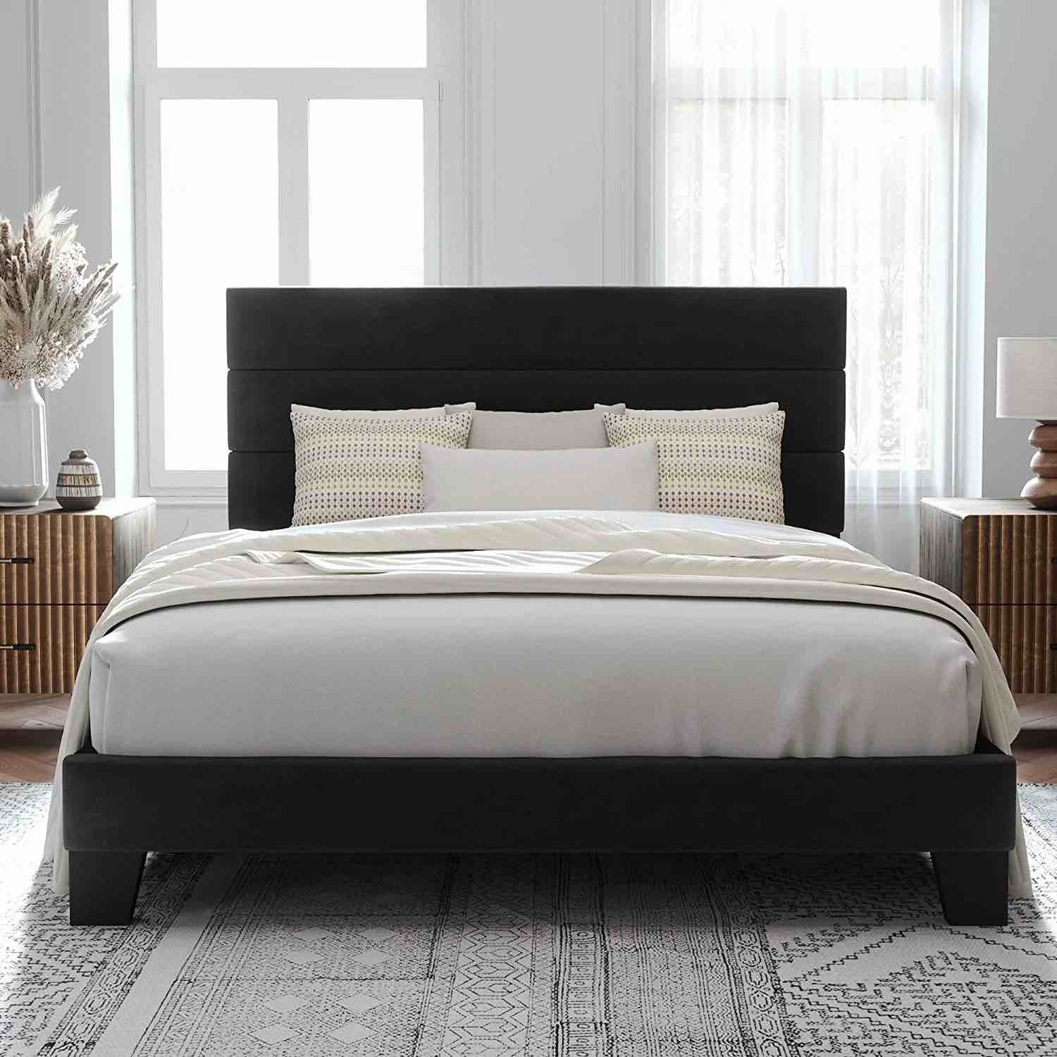allewie king size platform bed frame with velvet headboard/ upholstered mattress foundation, no box spring needed, black