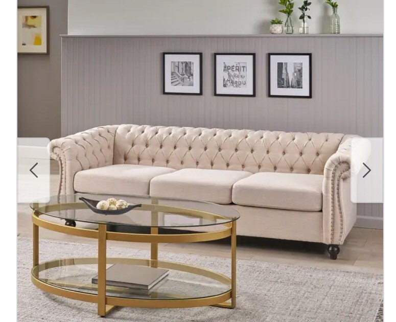 ((( incomplete back and seat cushions only))) Fabric 3-seat Sofa Beige American Vintage Couch Office Tufted Cushion Sofa Nailhead Trim Bench Sofa with Scrolled Arms