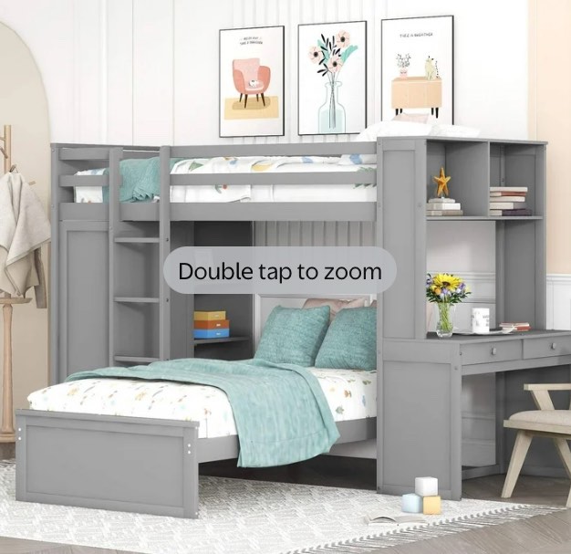 incomplete box 1 only)Twin Size Loft Bed With A Stand Alone Bed, Shelves,Desk,And Wardrobe Gray Gray Solid
