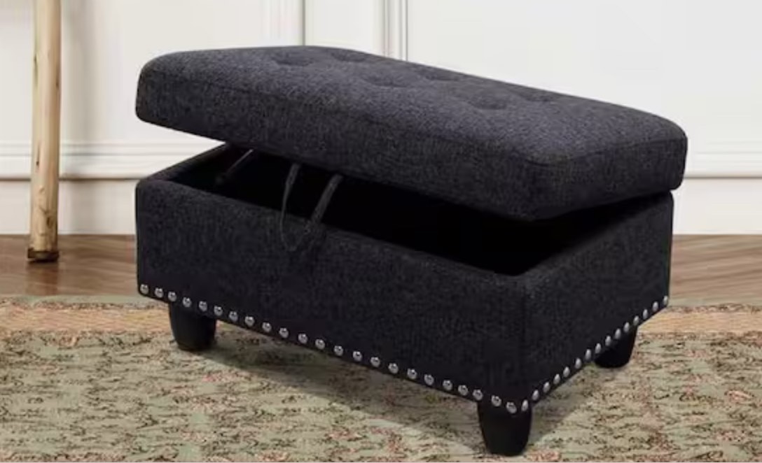 28.5 in. W Black Linen Rectangle Ottoman with Storage