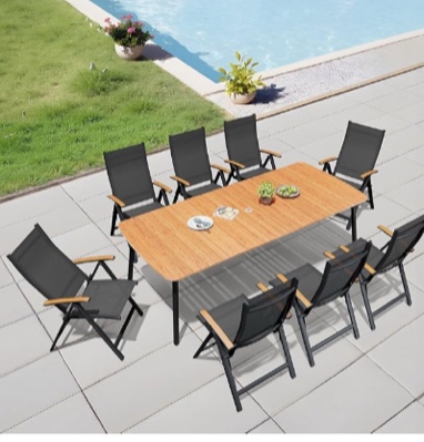 incomplete box 1 only) 9-Piece Patio Dining Table Set , Modern Patio Furniture Dining Table Set with Aluminum Foldable Dining Chairs and Metal Dining Table, Suitable for Lawn, Backyard, Garden, Patio, Dark Gray Cushion Color: Gray, Frame Color: black