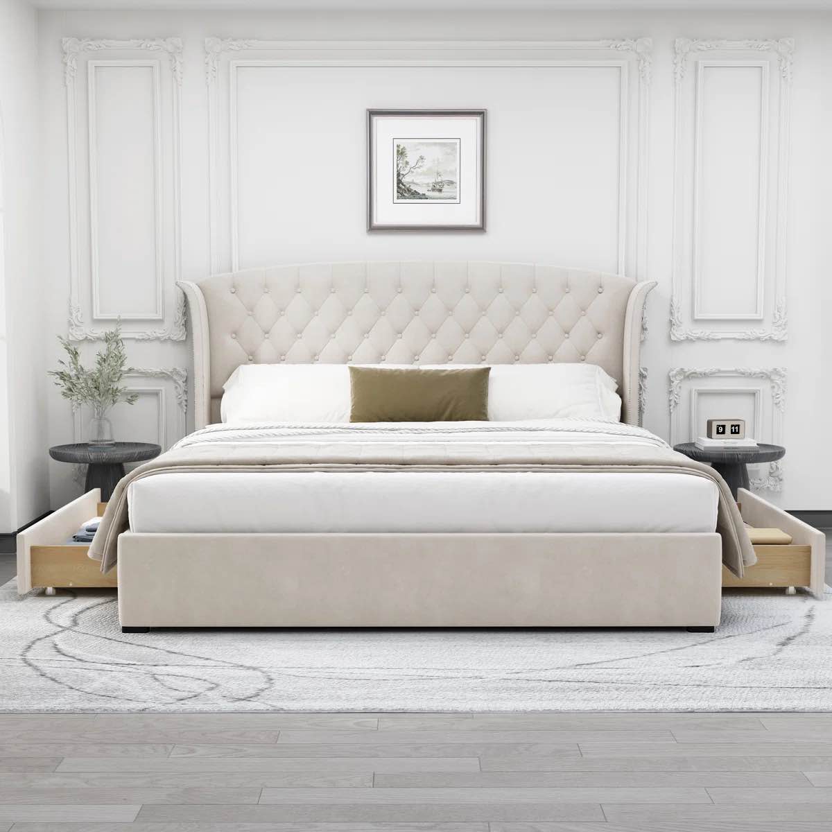incomplete box 1 only) Tanikia Bed Frame with Storage Drawers and Velvet Upholstered Wingback Headboard – Durable Platform Bed with Spacious Under-Bed Drawers, Metal Support, No Box Spring Needed