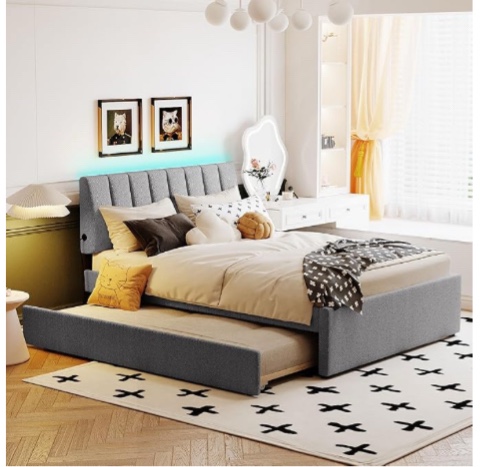 (incomplete box 1 only) DNYN Upholstered Full Size Platform Bed with Trundle & Drawers for Kids/Adults,Solid Wood Bedframe w/Led Light & Teddy Fleece Fabric,No Box Spring Needed,Perfect for Dorm,Bedroom,Guest Room, Gray