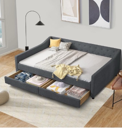 incomplete box 1 only) Full Size Upholstered Daybed with Two Storage Drawers,Tufted Sofa Bed w/Button on Back and Piping on Waved Shape Arms for Bedroom Guest Room, No Box Spring Needed,Dark Grey Visit the FAVSH Store