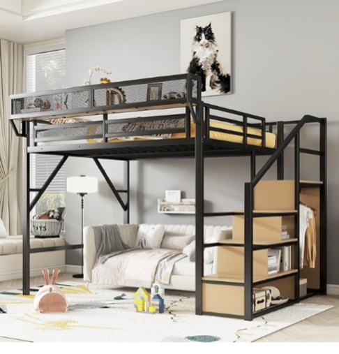 incomplete box 1 only) KEIKI Queen Size Metal Loft Bed Frame with Staircase, Built-in Storage Shelves and Wardrobe, Modern Loft Bed with Solid Slats and Guardrail, No Box Spring Required, Easy Assembly, for Bedroom, Black