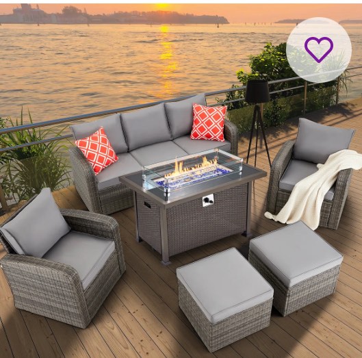 incomplete box 1 only) Wicker/Rattan 7 - Person Seating Group with Fire Pit Table