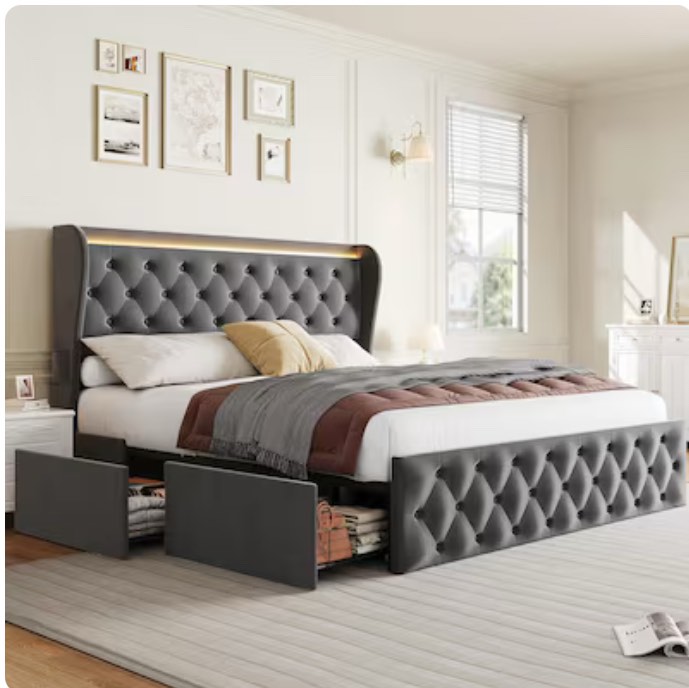 Qeetex Queen Button Tufted Bed Frame with Tall Headboard Queen Velvet Upholstered Bed