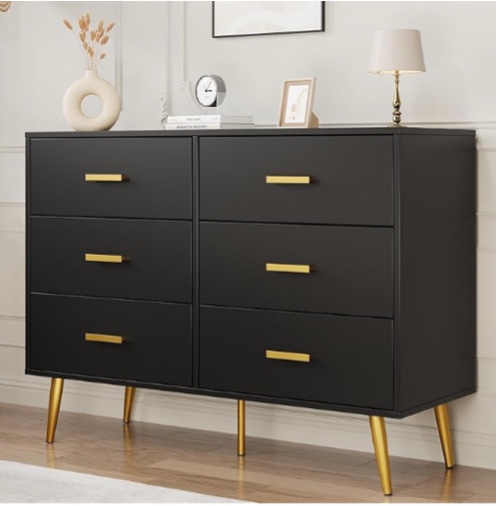 GarveeHome 6 Drawer Dresser, Modern Wooden Dresser with Gold Handles and Storage Space, Chest of Drawers for Bedroom, Hallway, Living Room and Entryway, Black