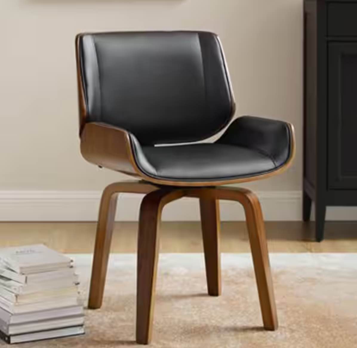 Iya Black Faux Leather Swivel Side Chair with Wood Frame
