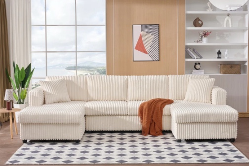 incomplete box 1 only) 4 Seat U Sectional Couch, 110'' W Corduroy Sofa With Double Chaises