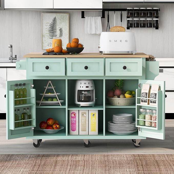 Mint Green Kitchen Island on Wheels with Storage - 53" Solid Wood Mobile Kitchen Storage Island Cart, 3 Drawers & Drop-Leaf