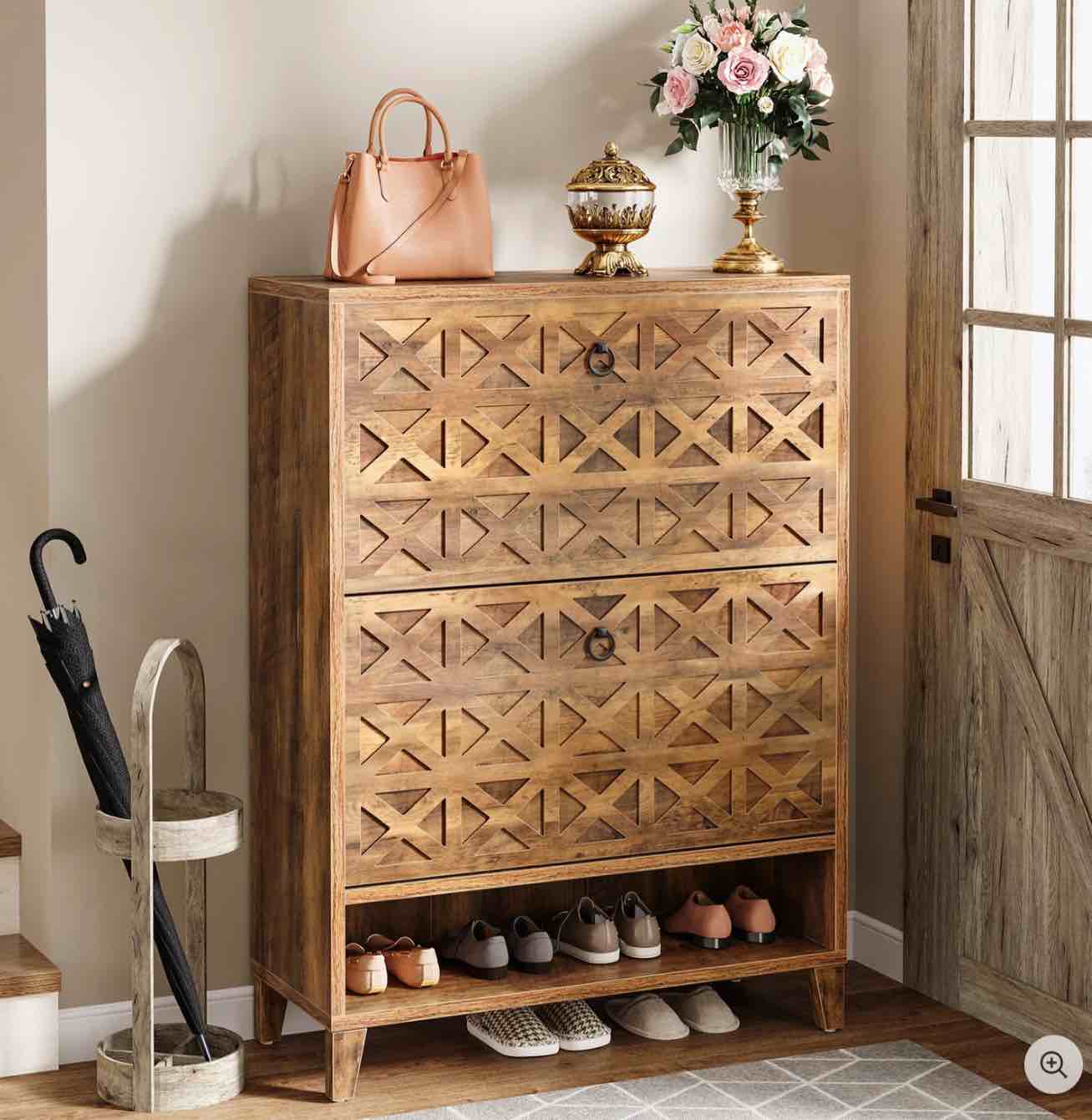 Wood Shoe Cabinet, Shoe Storage Organizer with 2 Flip Drawers