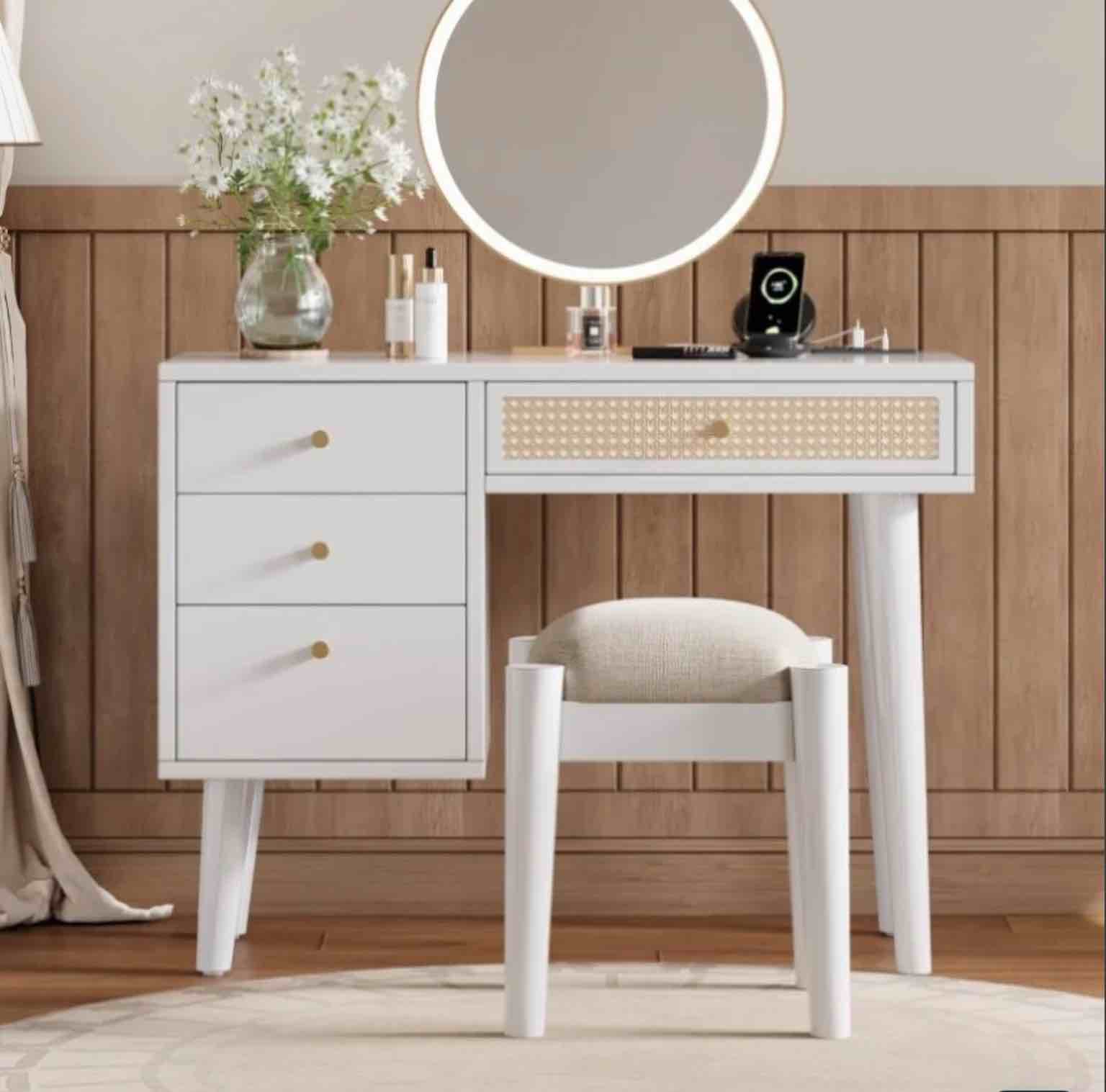 ZNTS 39" Retro Bohemian Style Wooden Makeup Vanity Set with Charging Plug&USB Port and Stool, Dressing N733P180011K