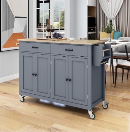 P PURLOVE Kitchen Island Cart with Wood Top and Locking Wheels, Rolling Mobile Kitchen Island Cart with 4 Door Cabinet, Adjustable Shelves, 2 Drawers, Spice Rack and Towel Rack, Grey Blue