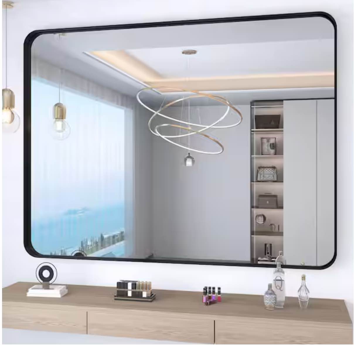 48 in. W x 36 in. H Large Rectangular Framed Wall Mounted Bathroom Vanity Mirror in Black