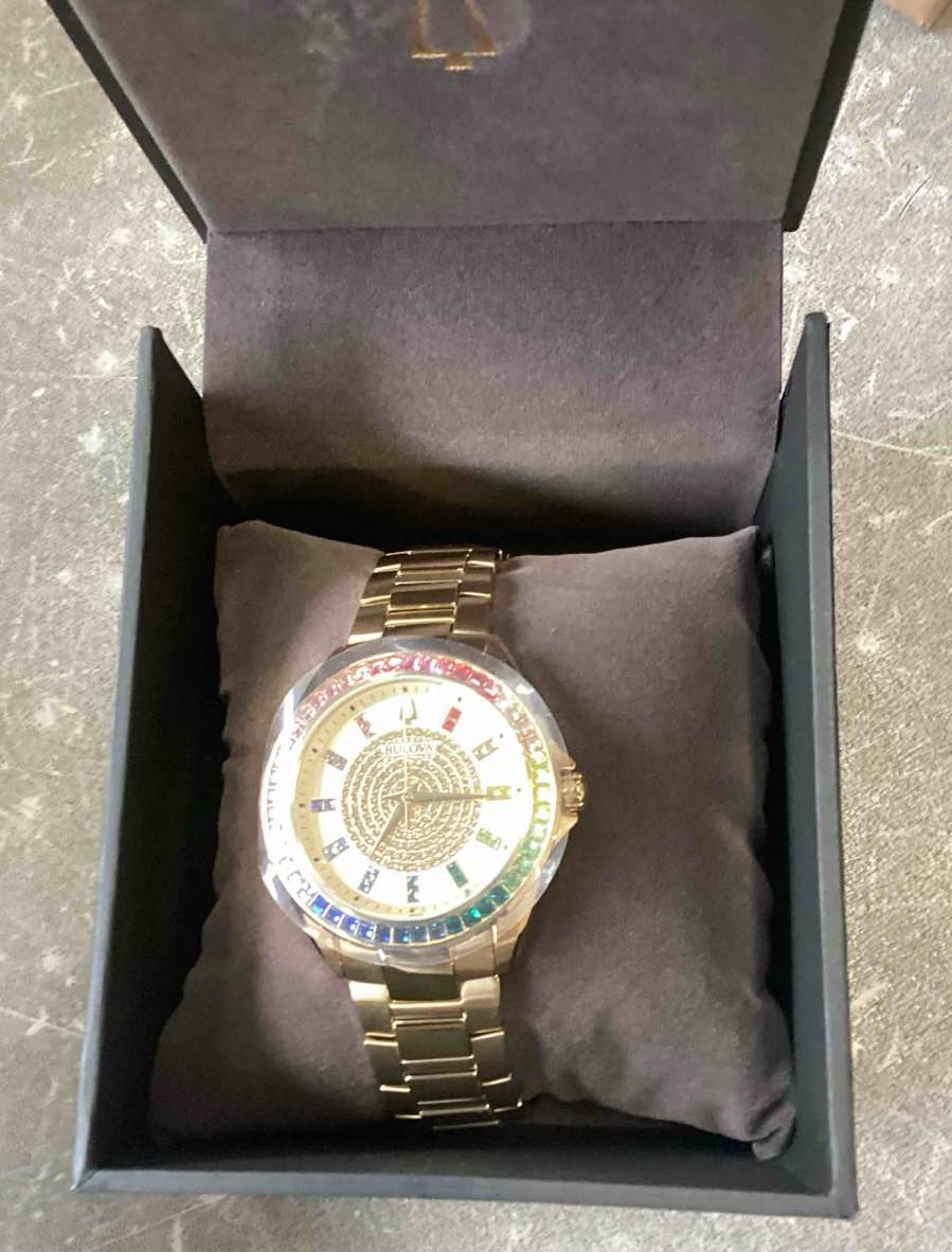 Bulova Men's Crystal Phantom Gold Tone Stainless Steel 3-Hand Watch, Rainbow Crystal Bezel and Gold Dial with Pave Center, Style:97A179